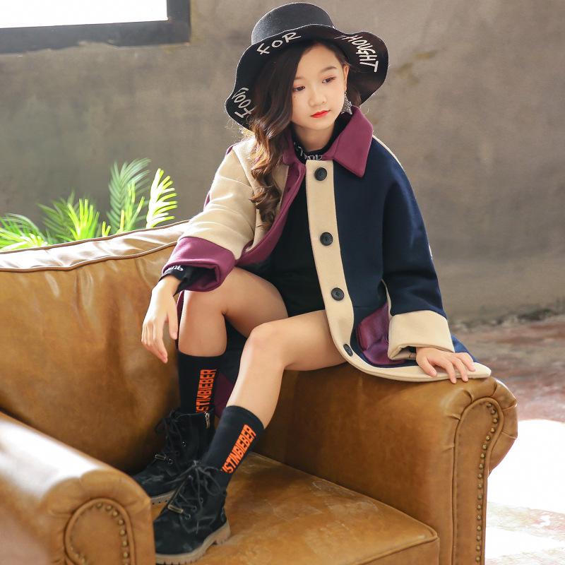 Girls' Wool Coats Children's Fashion Autumn and Winter Models Wool Casual Stitching Color Western Style Mid-length Woolen Coats