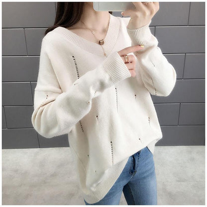 Spring and Autumn Loose V-neck Sweater Solid Color Hollow Top Long Sleeve All-match Female Top