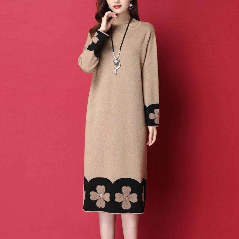 Autumn and Winter Long-sleeved Knitted Dress Large Size Loose and Thin Base Skirt Simple Over-the-knee Women's Sweater Dress