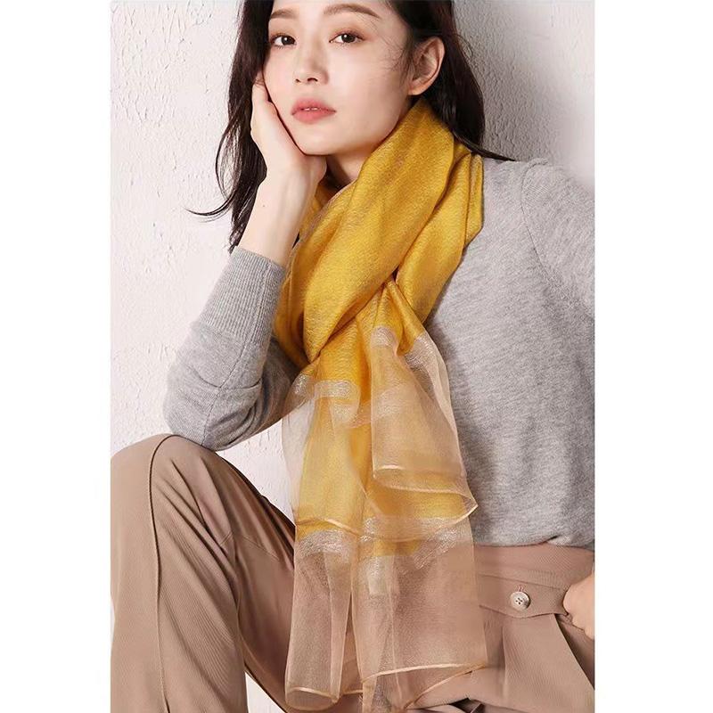 Women's Autumn and Winter Mulberry Silk Scarf Fine Silk Scarf Pure Color Striped All Match Shawl Warm Gauze Scarves Elegant Wrap Shawl Thermal Scarf