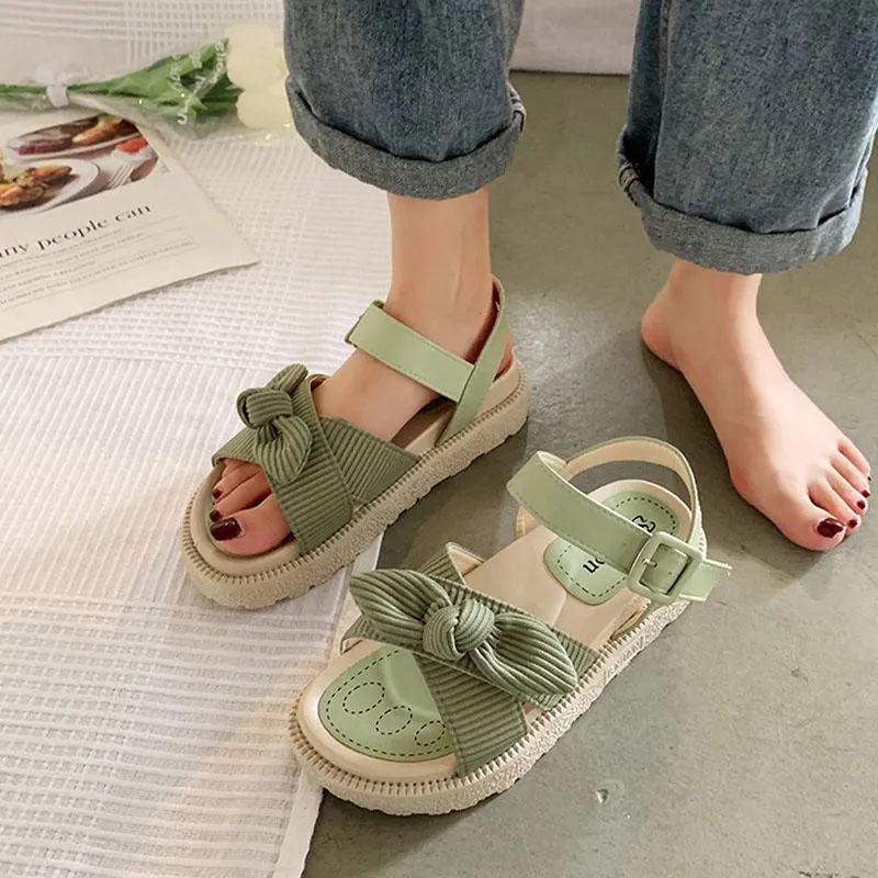 Women's Summer Flat Sandals Cute Bow Roman Thick-soled Beach Shoes Non-slip Comfortable Breathable Sandals