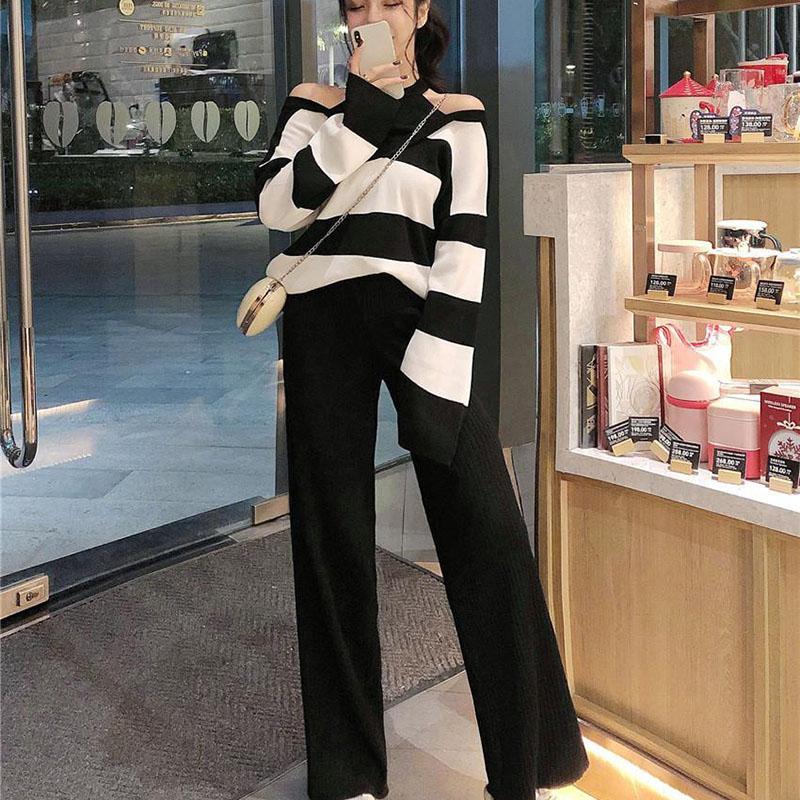 2pcs/set  Women Winter Tracksuit 2 Piece Pant Suits Knitted Striped Sweater Top and Pants 2 Piece Set Outwear Outfits