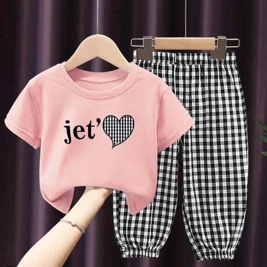 Girls Suit Summer Children's Clothes Thin Section Children's Clothing Printed Short-sleeved Plaid Pants Loose and Comfortable Two-piece Set