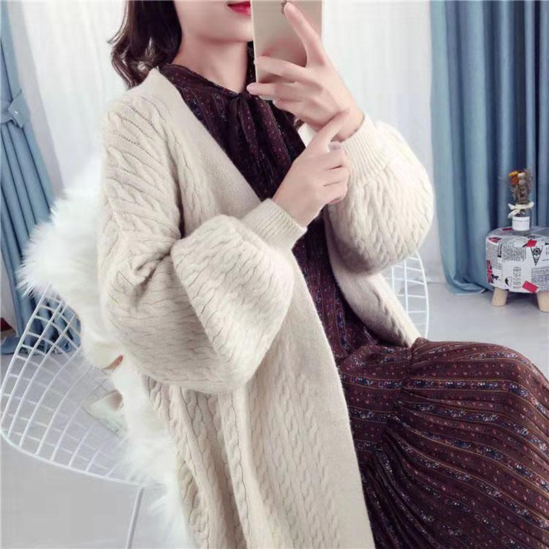 Autumn and Winter Casual Thick Sweater Knitted Cardigan Loose Top Mid-length Solid Color Women's Jacket