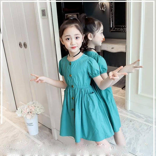 Children Dress Spring Summer O-neck Kids Clothing  Baby Girls Clothing Button Pockets Short Sleeve Dress Girl