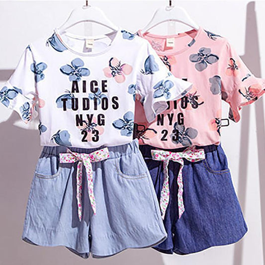 2PCS Children Clothing Set Spring Summer Girls Suits Printing Letter Short Sleeve Tops + Pants Clothing Set