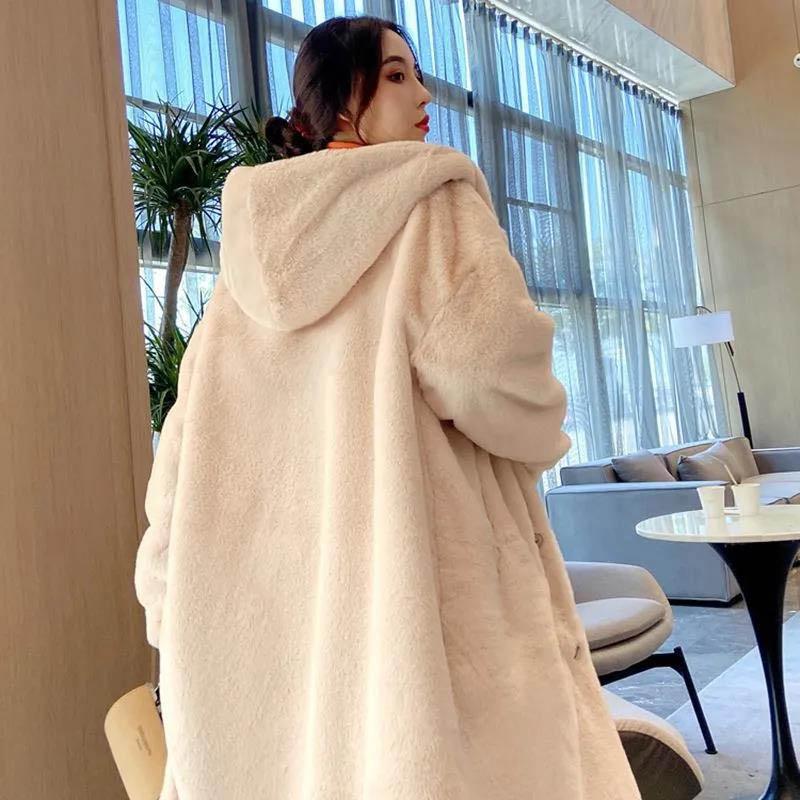 WTEMPO Winter Imitation Mink Thick Fur Fur Loose Coat Mid-length Hooded Women