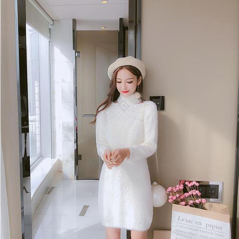 Autumn and Winter Temperament All-match Dress Beaded Mohair Knitted Sweater Dress Loose Mid-length Female Base Dress