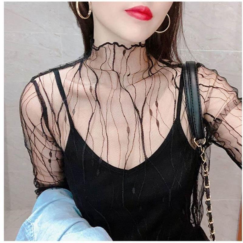 Fashion Western-style Bottoming Shirt Spring and Autumn Lace Mesh Gauze Lined with Gauze Slim Sexy See-through Top