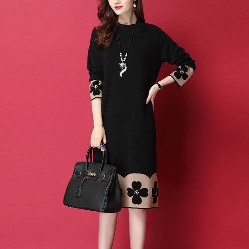 Autumn and Winter Long-sleeved Knitted Dress Large Size Loose and Thin Base Skirt Simple Over-the-knee Women's Sweater Dress