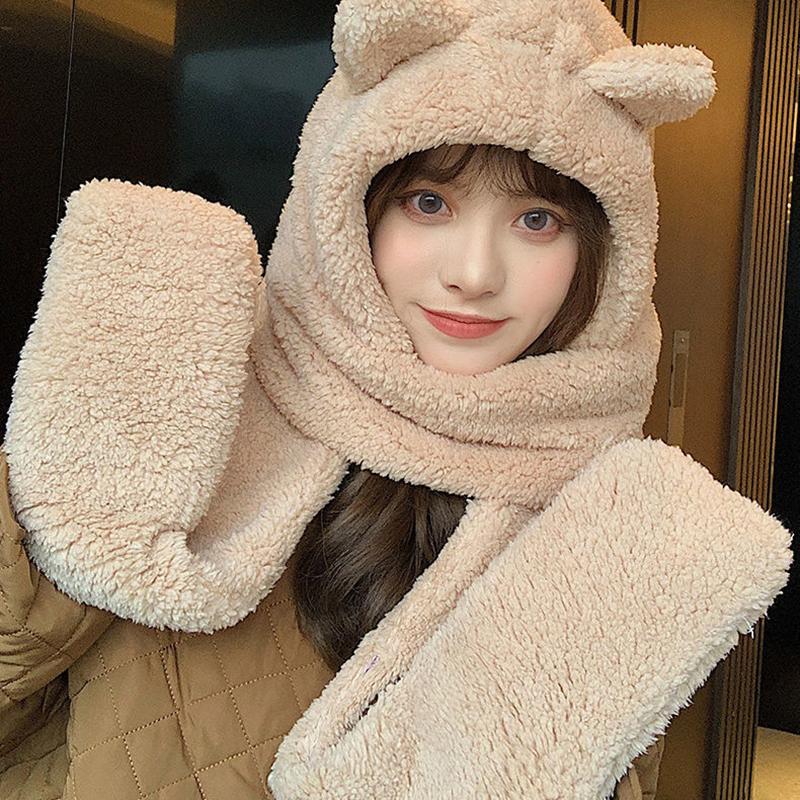 Winter Warm Scarf Women Girl Bear Ear Cut Hooded Hats Pockets Goloves Scarves All In One Cashmere Soft Shawls Female Fur Warm Winter Scarf