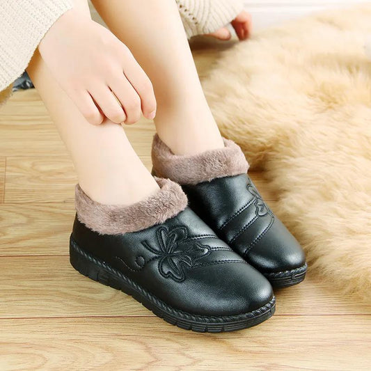 Winter Plus Velvet Leather Embroidered Cotton Shoes Waterproof Non-slip Warm Shoes Flat Bottom Women's Shoes Casual Shoes