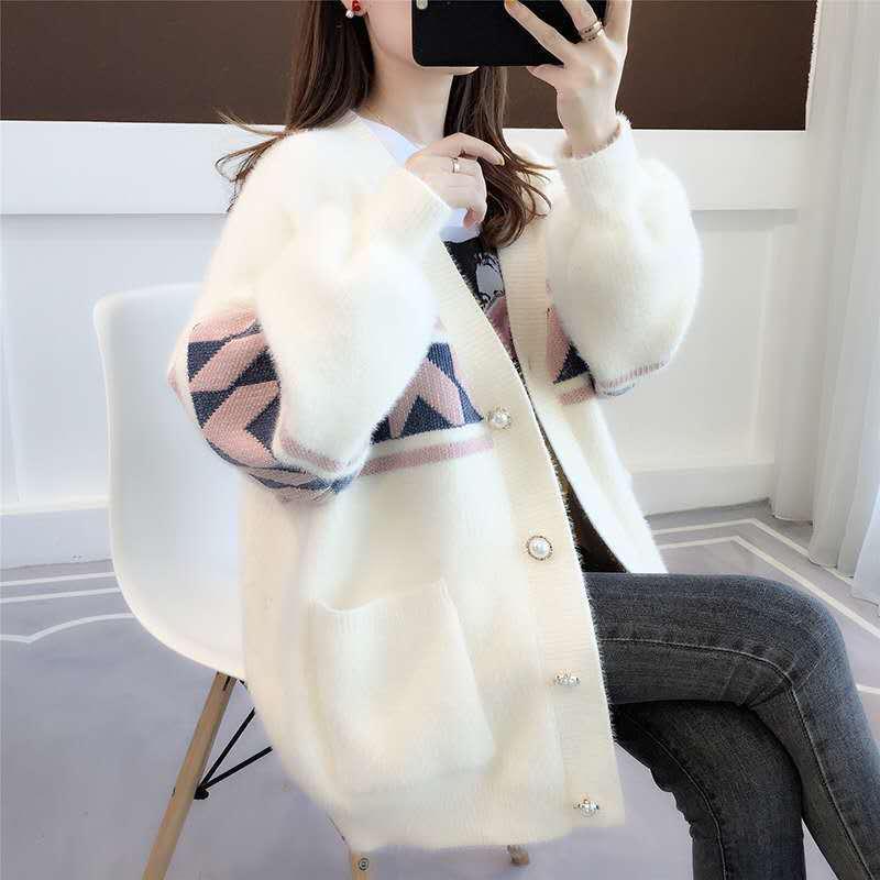 Fall/winter Fashion Top Mid-length Loose Warm Sweater Long Sleeve Knitted Casual Cardigan