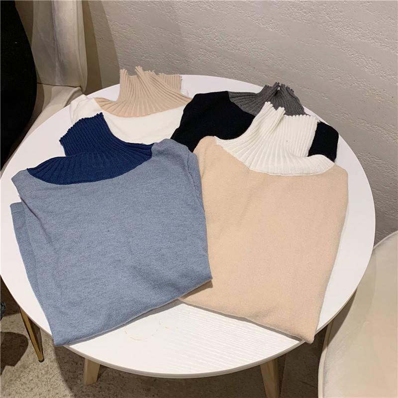 Women Autumn Winter Sweater Turtleneck Contrast Color Long-sleeved Knitted Bottoming Shirt