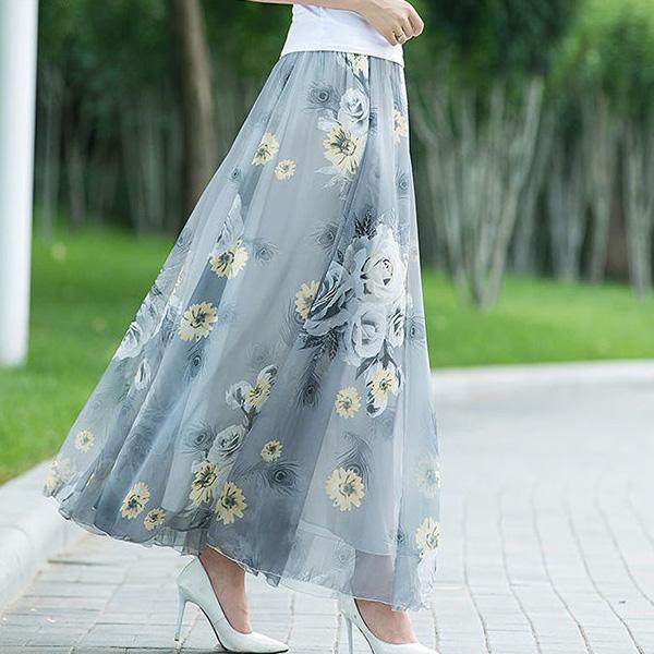 Women Vintage Elegant Floral Skirts Exquisite Printing High Waist A-line Chiffon Skirt Mid-length Chiffon Skirt