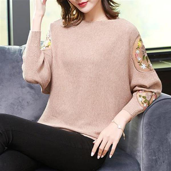 Sweater Women Loose Outer Wear Bat Sleeves Large Size Lace Casual Tops Spring and Autumn Printing Bottoming Shirt