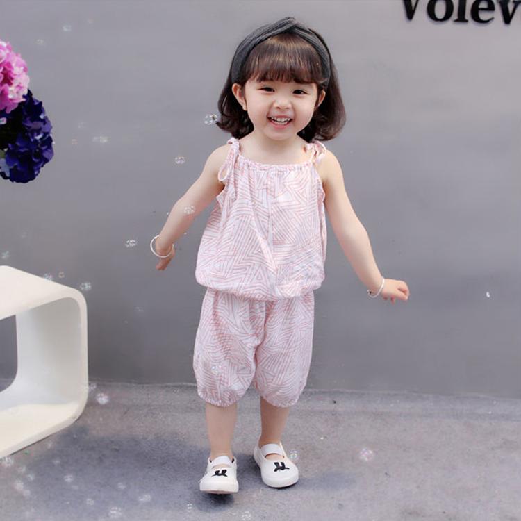 Children's Suit Summer Thin Korean Style Loose Print Geometry Girls Suspender Shorts Ventilation Two Piece Set