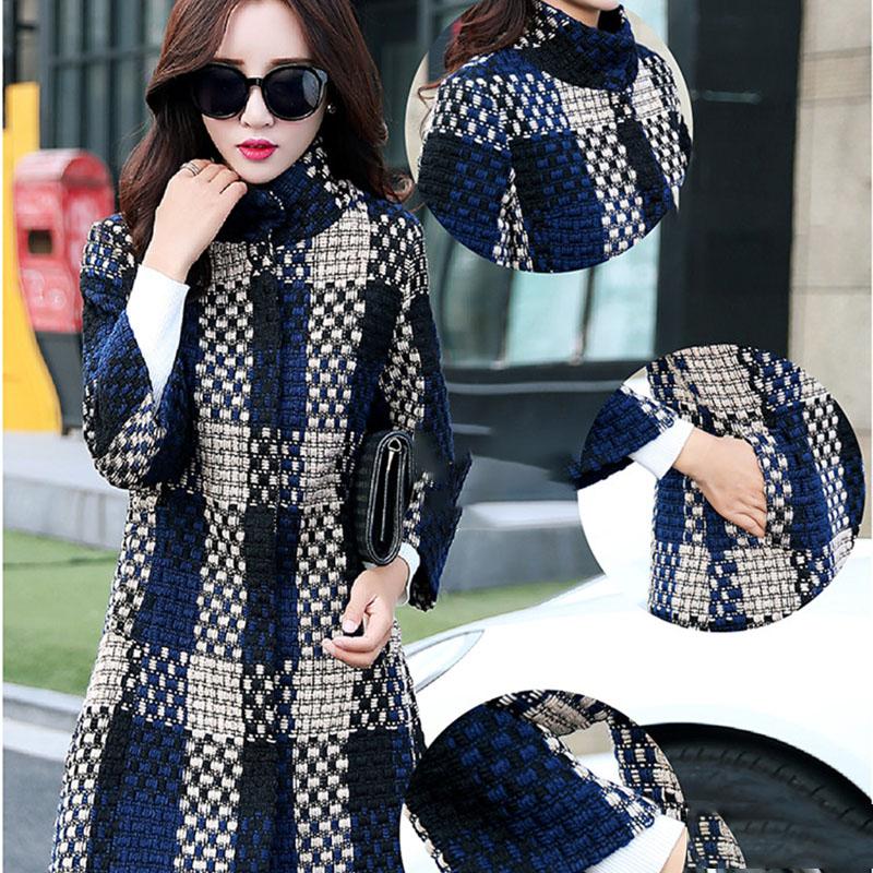 Women's Woolen Coat Winter Autumn  Winter Mid-length Slim-fit Large Size Plaid Coat Stand Up Collar Tweed Jacket