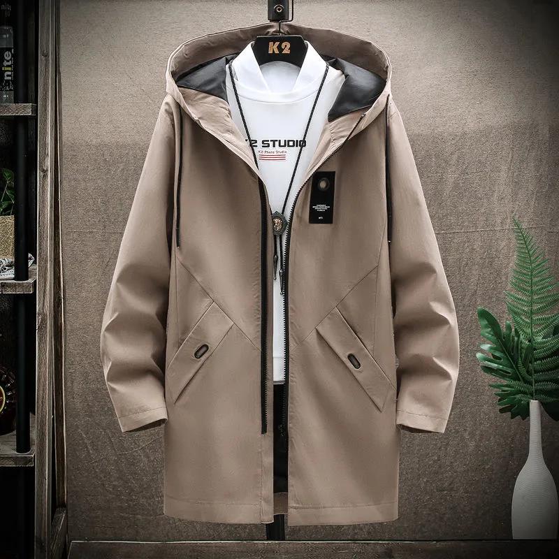 Spring and Autumn Thin Men's Windbreaker Mid-length Coat Loose Casual Hooded Top