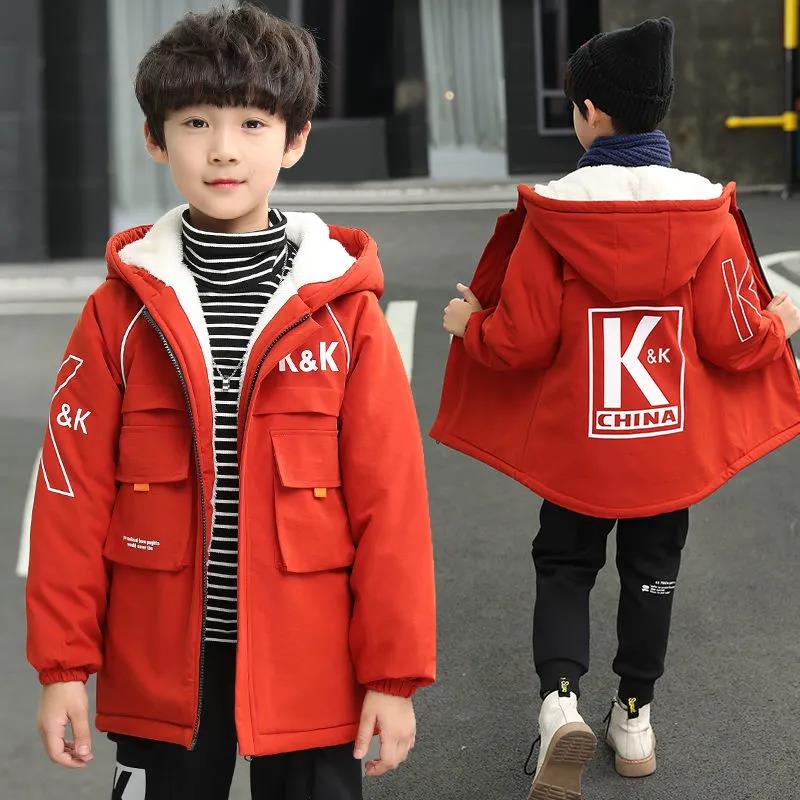 Children's Clothing Boys' Jacket Winter Clothing Plus Velvet Big Children's Thickening Mid-length Windbreaker Trendy Fashion Warm Cotton Clothing