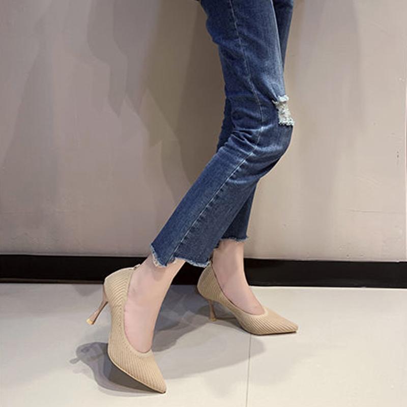 Flying Woven Single Shoes Women Spring and Autumn Pointed Toe Breathable High Heels All-match Nude High Heels Stiletto Shoes