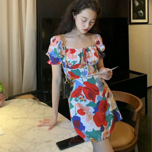 French Retro Floral Dress In Summer with Waist Waist Was Thin Puff Sleeve Skirt Women