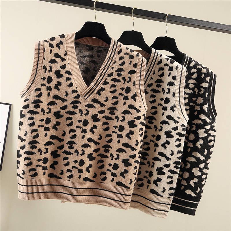 Women Sweater Vest Leopard Knitted Vest Fall Pullovers Sleeveless Printed Tops Ladies V Neck Clothes