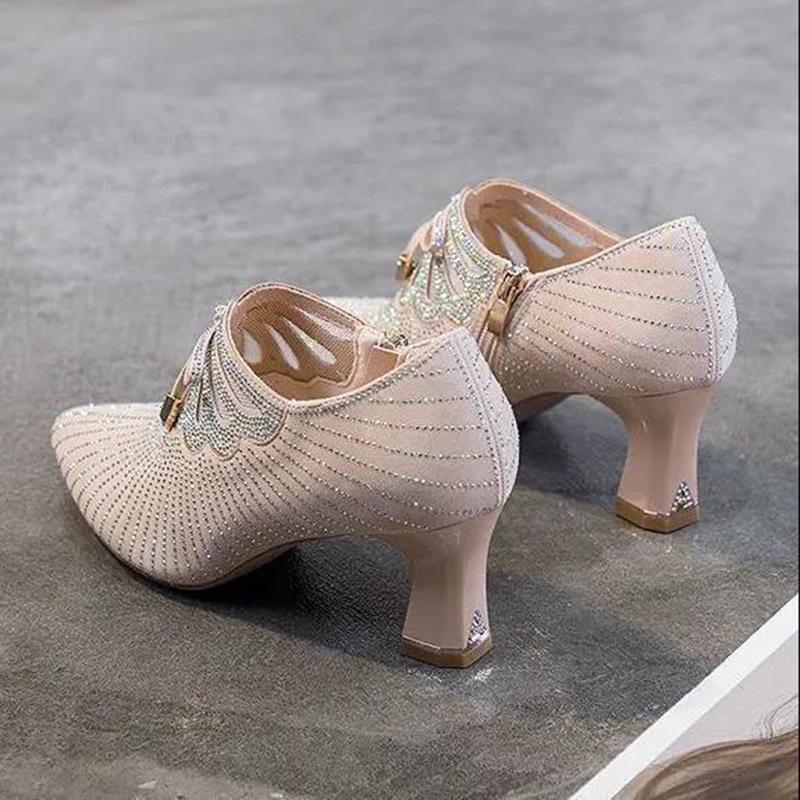 Temperament Pointed Toe High-heeled Shoes Women's Thick-heeled Deep Mouth Medium-heeled Pointed Toe Small Leather Shoes Single Shoes Bow