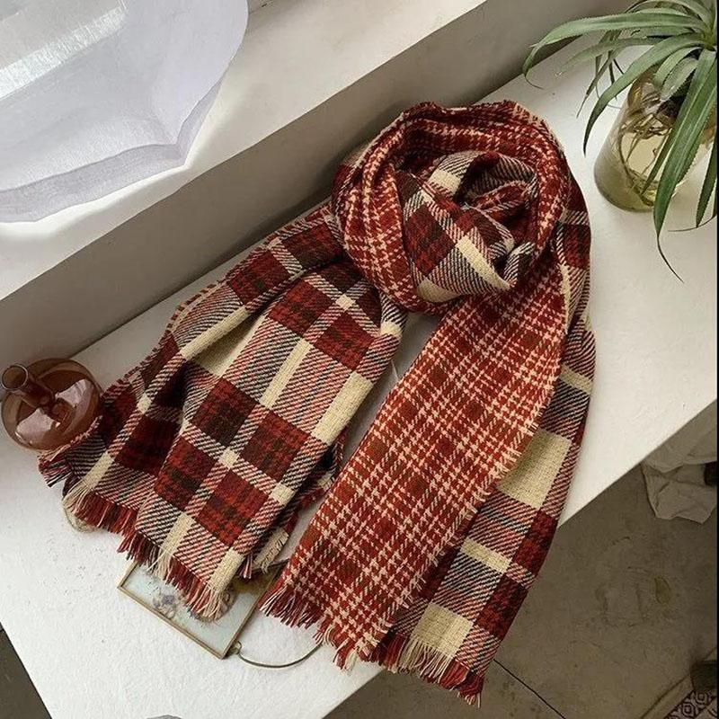 Autumn and Winter Ladies Scarf Retro Red Plaid Scarf Thick Korean Version of Tassel Scarf Shawl