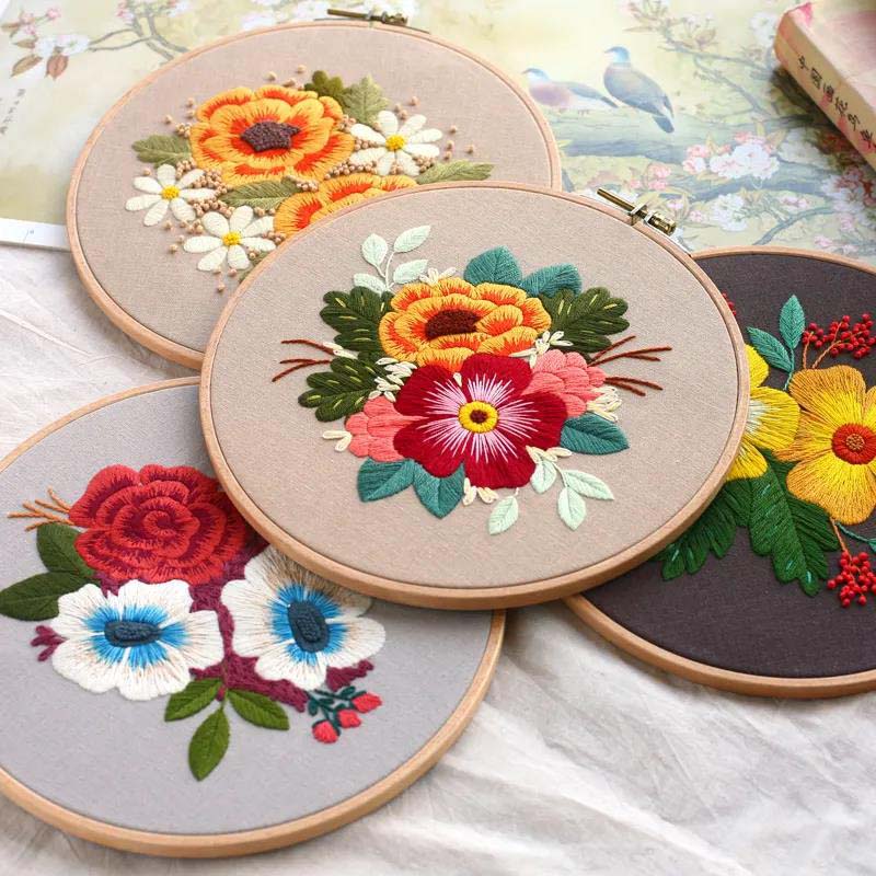 Floral Hand Cross Stitch Embroidery Cloth Starter Kits Needlepoint Color Threads Bamboo Hoop DIY