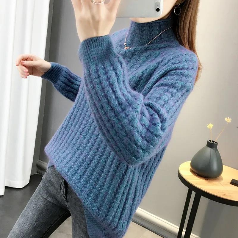 Sweater Women's Half Turtleneck Pullover Knitwear Korean Style Loose Fluffy Trending Sweater Autumn and Winter Purple Sweaters