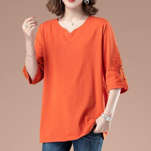 100% Cotton Large Size Three-quarter Sleeve T-shirt Women Loose Fashion Middle-aged Top