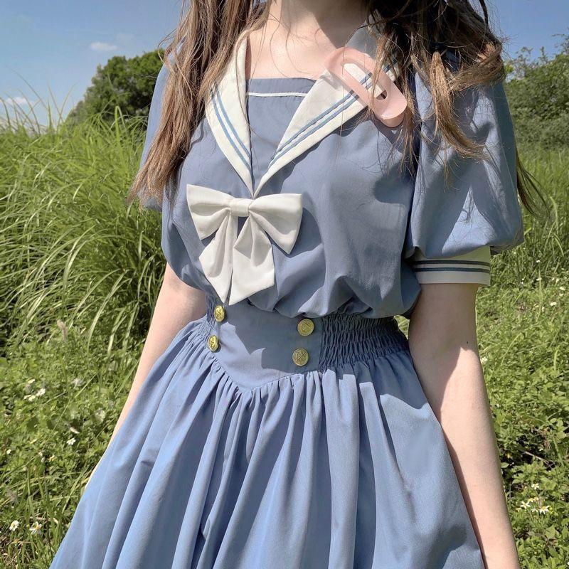 Sailor Collar Navy Dress Japanese Lolita Sweet Bow-knot Girl Retro Cotton Kawaii Preppy Style Short Sleeve Dress Women