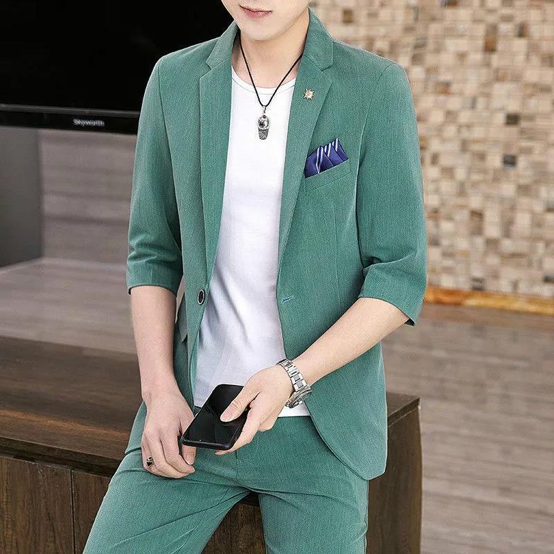 Summer Suits Three-quarter Sleeves Young Men Self-cultivation Handsome Men's Small Suits Trendy Short-sleeved Jackets Men