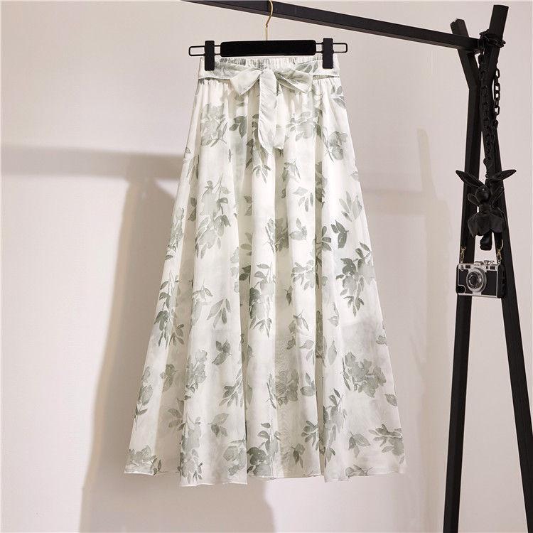 Women's Chiffon Fairy Dress High Waist Mid-length A-line Draping Ruffled Skirt Pleated Floral Skirt Summer