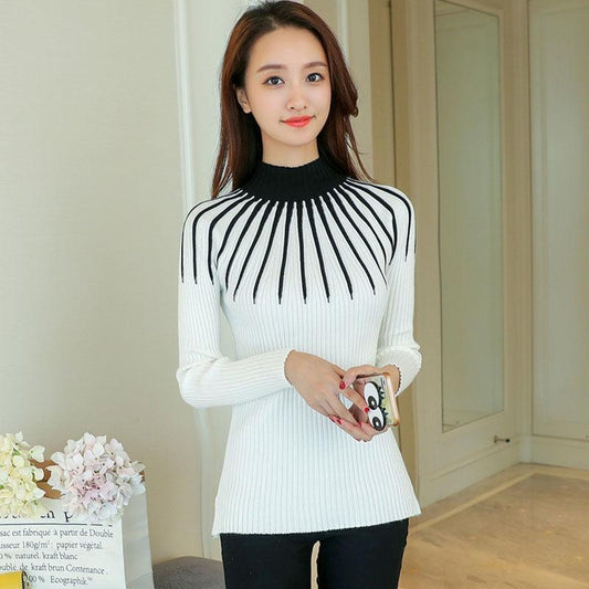 Autumn and Winter Half High Neck Striped Bottoming Shirt Slim Pullover Knit Top Sexy Long Sleeve Women's Sweater