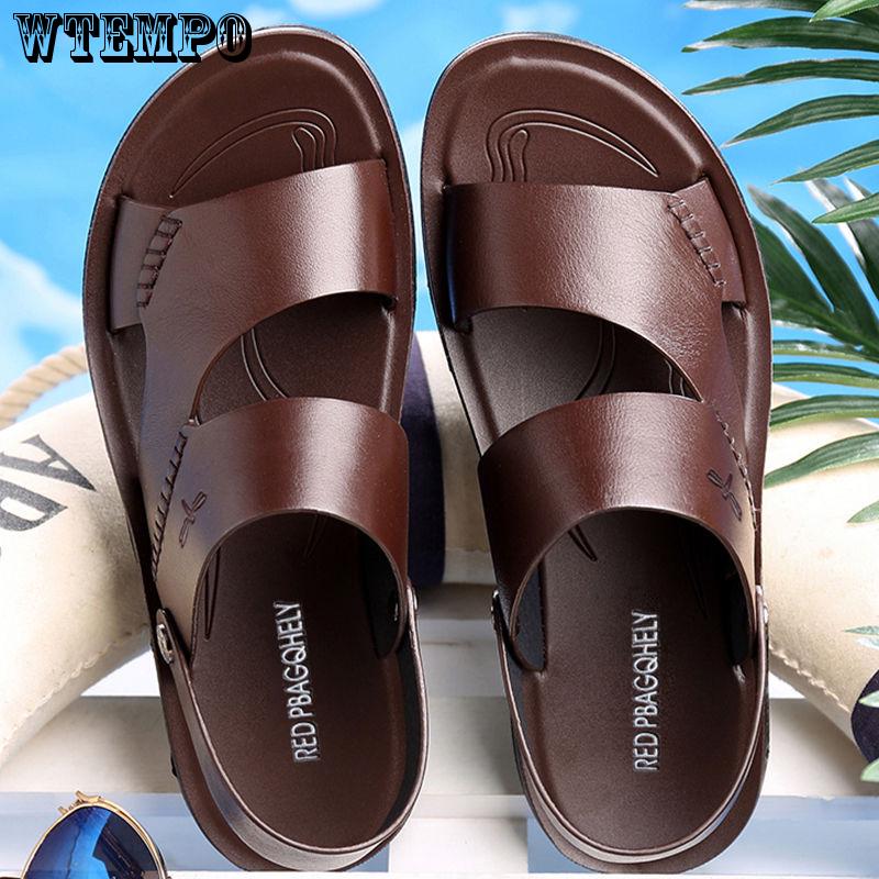 Summer Men Genuine Leather Sandals Beach Casual Sandals Slippers Dual-use Sandals