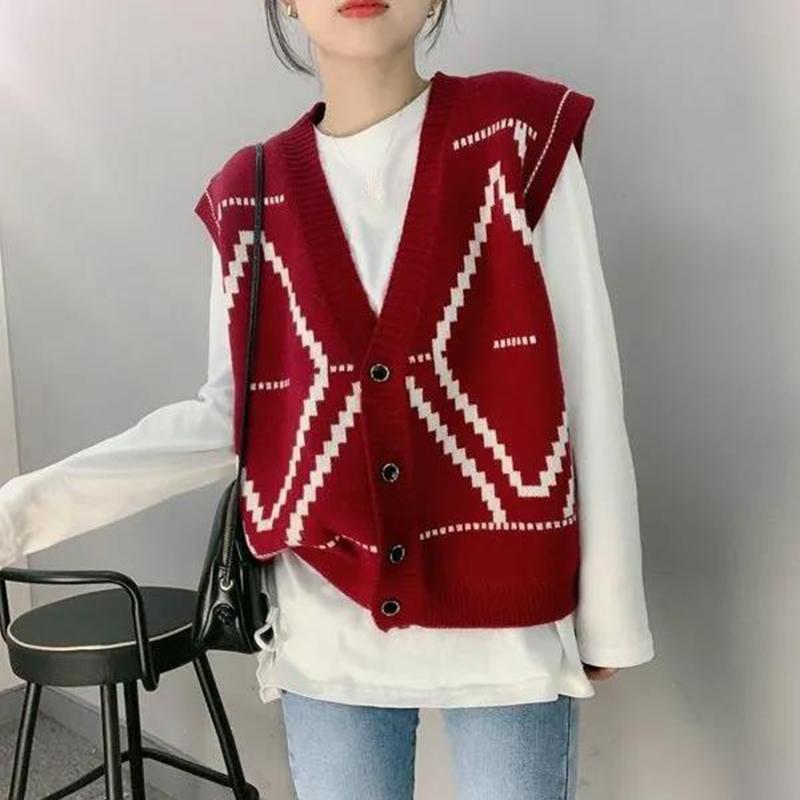 Black and White Diamond Grid Single-breasted Cardigan Vest Sleeveless Vest Women Sweater Knit Sweater British Style Vest Thin Sleeveless Sweater