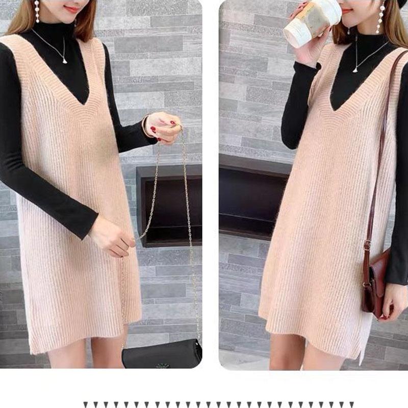 Autumn and Winter Long Knitted Sweater Loose V-neck Versatile Dress Casual Solid Color Women's Vest Dress