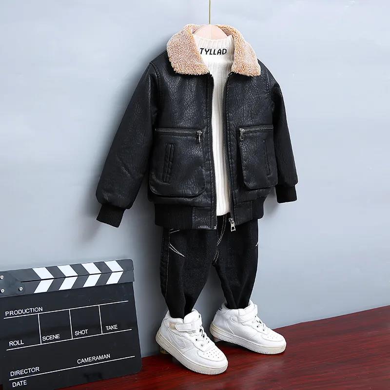 Children's Clothing Jacket Autumn and Winter Boys Plus Velvet Thick Leather Jacket Boy Baby Jackets Tide Children Plus Cotton Coat