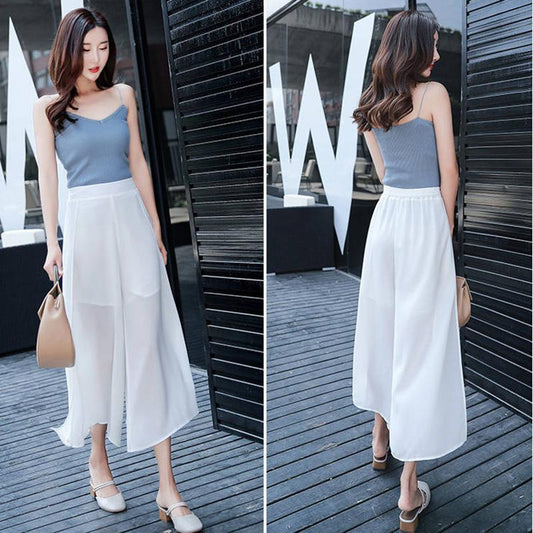 WTEMPO Ruffle Chiffon Skirt-like Wide-leg Pants Women Loose High Waist Ankle-Length Pants Trousers Cool and Breathable