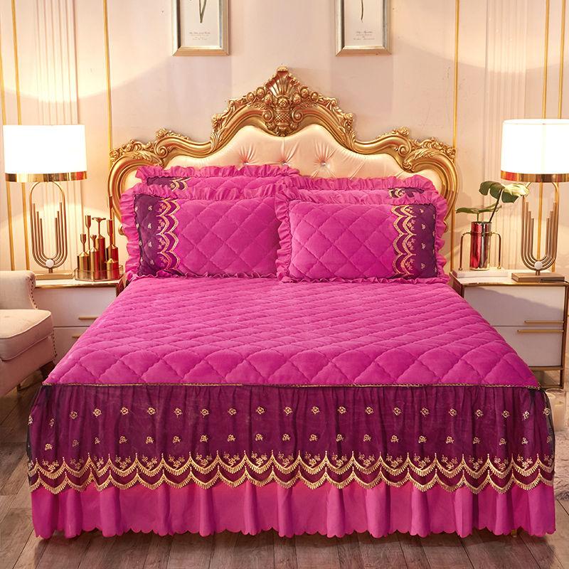 3pcs/set High-grade Crystal Velvet Bed Skirt Pillowcases Three-piece Anti-skid Warm Bedspread Thickened  Bedding