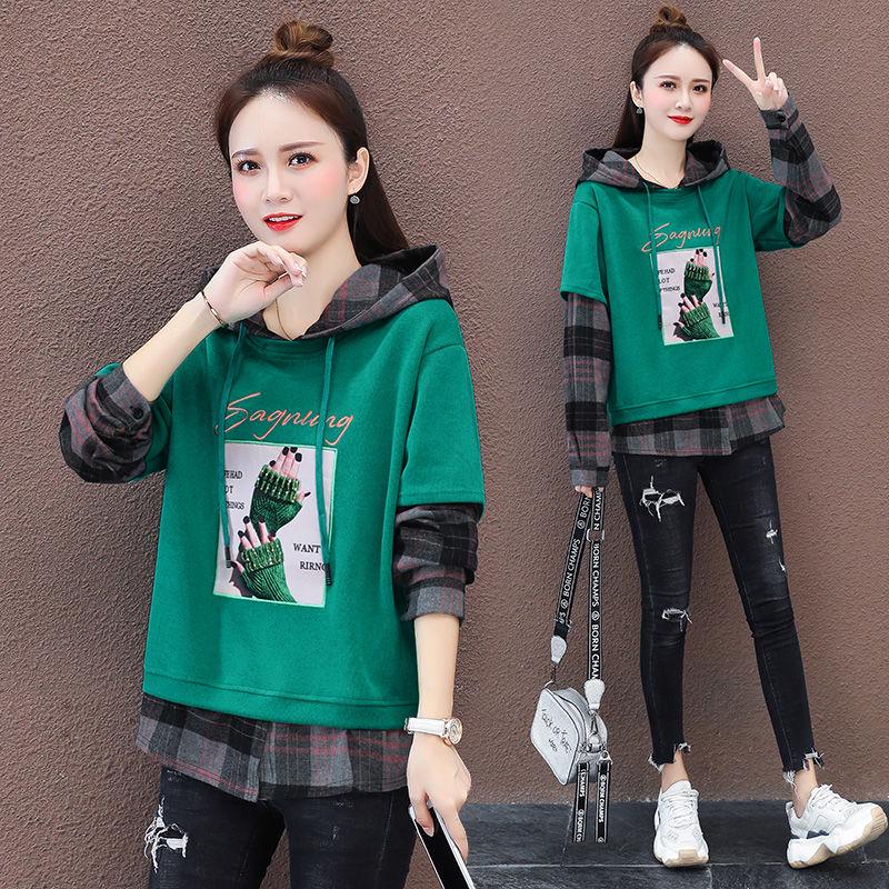 Fake Two Piece Stitching Hooded Sweater Spring and Autumn Loose Long-sleeved Casual Blouse Women