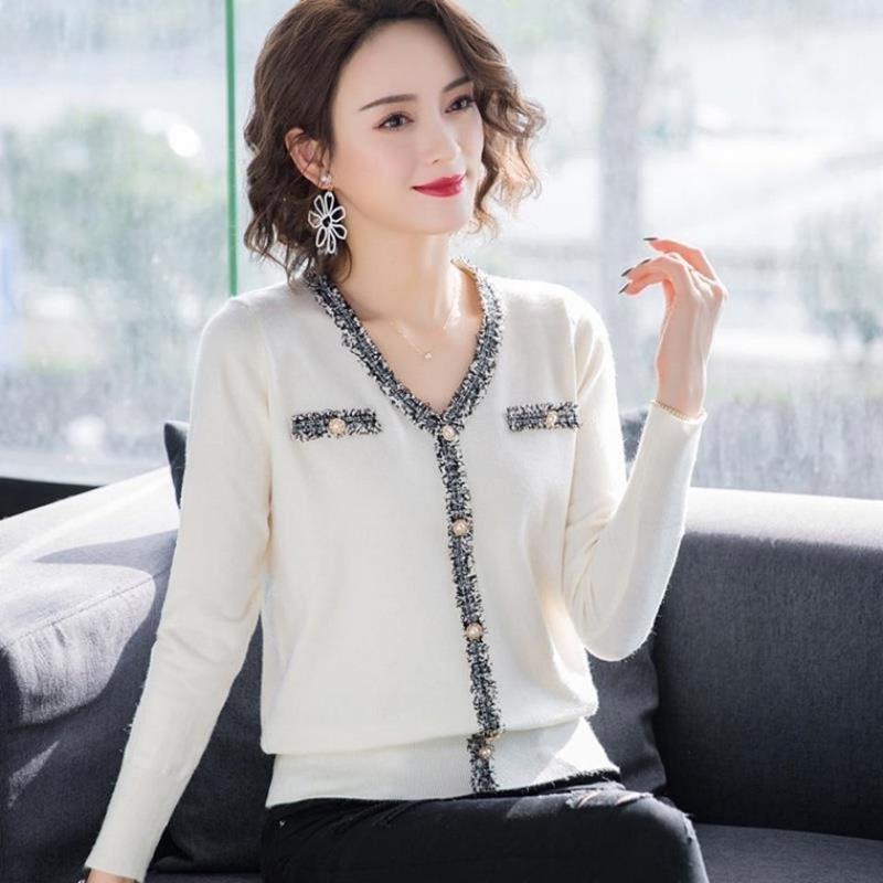 Autumn and Winter Pullover V-neck Raw Edge Stitching Long-sleeved Knit Sweater Loose Bottoming Top Women