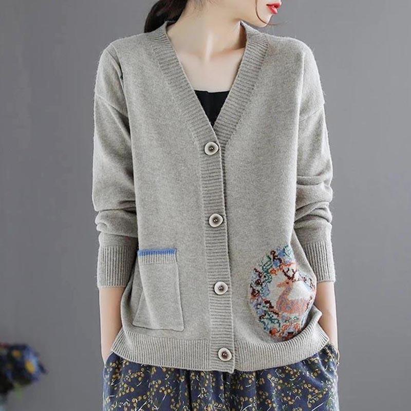 Vintage Cardigan Short Ladies Sweater Spring Loose Jacquard Knit Long Sleeve Jacket