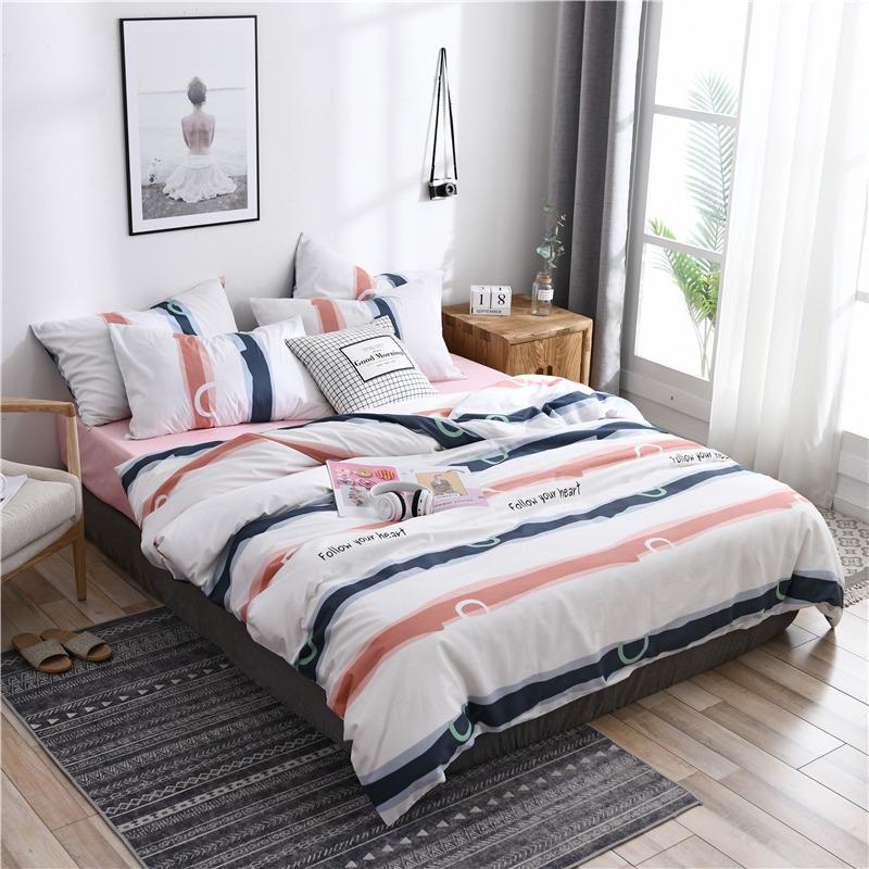 3/4 Pcs Bedding Set Simple Stripes Cotton Printed Bed Sheet Bed Cover Home Textile Bedclothes