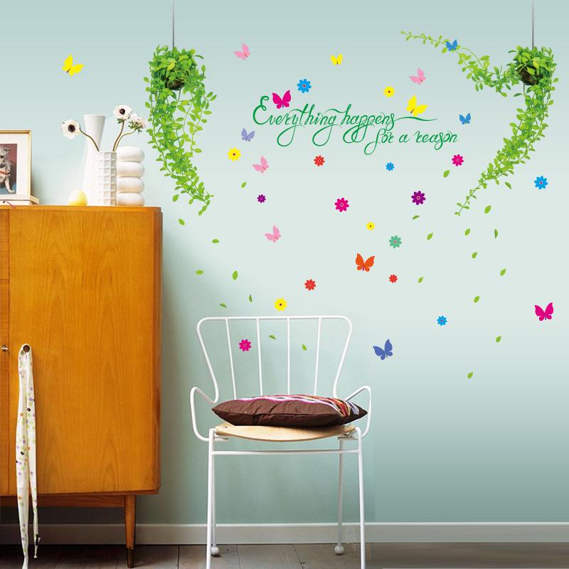 Fresh hanging baskets Pastoral style room background decorative wall stickers leaves wallpaper