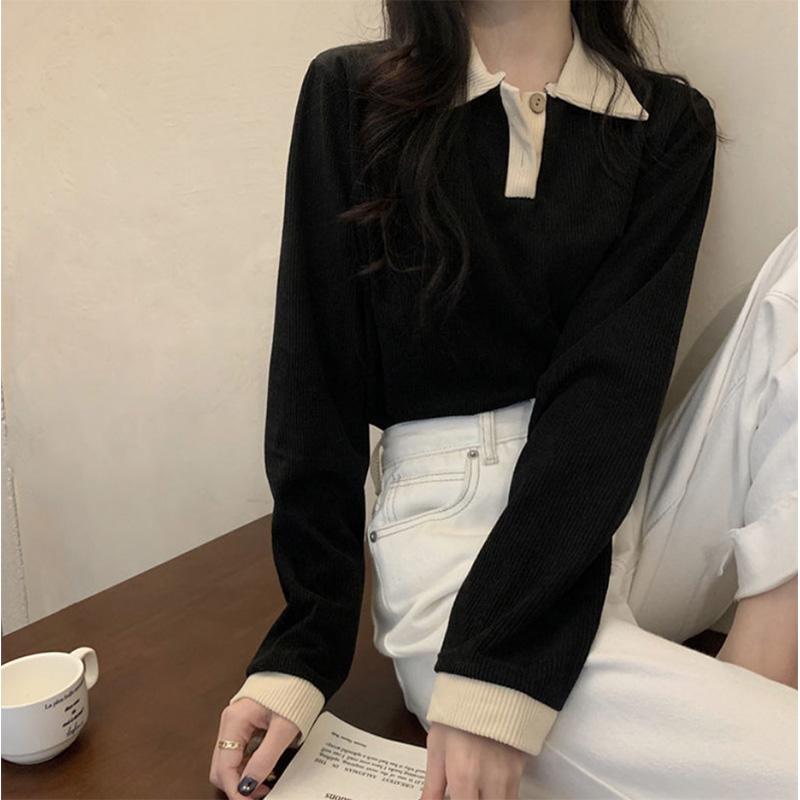 Retro Lapel Long-sleeved Knitted Sweater Women's Loose Striped Bottoming Shirt Inner Top Pullover T-shirt