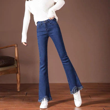 WTEMPO Trumpet Jeans Women's Boot Cut Pant Tight Tassel Denim Pocket Trousers