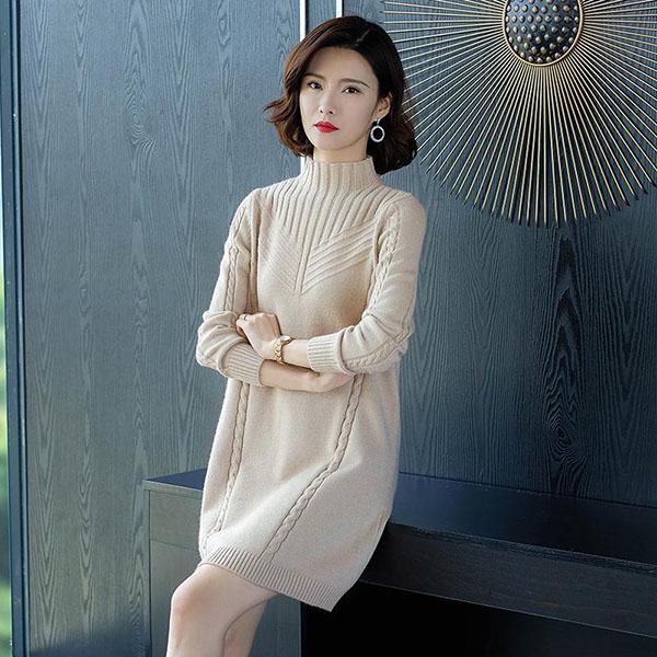 Autumn and Winter Mid-length Sweater Loose Long-sleeved Knitted Bottoming Shirt All-match Half High Collar Dress